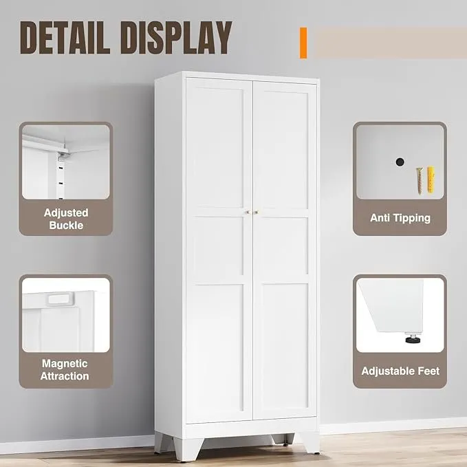 Yizosh Metal Pantry Cabinet, 75″ Kitchen Pantry with 2 Door and 4 Adjustable Shelves,White Metal Pantry Storage Cabinet,Cupboard for Kitchen,Dining Room,Living Room and Bathroom - Image 2