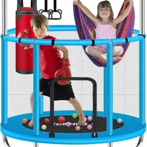 ZCMHAXJ 55″ Trampoline for Kids with Enclosure, 440lbs Capacity Indoor & Outdoor Toddler Trampoline with Adjustable Gymnastics Bar & Toys, for Boys & Girls